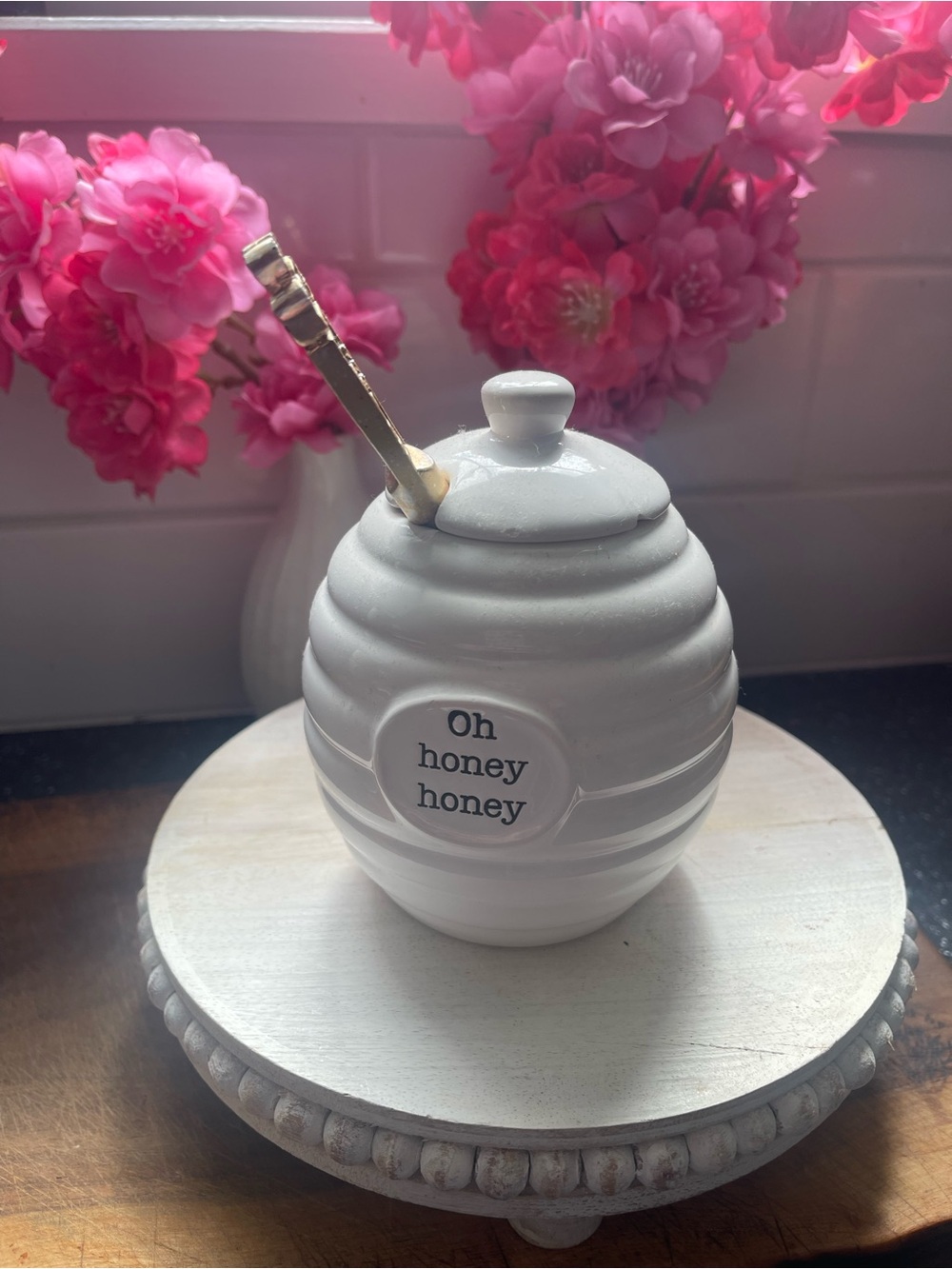Mud Pie White Ceramic 'Oh Honey Honey' Honey Jar with Gold Spoon